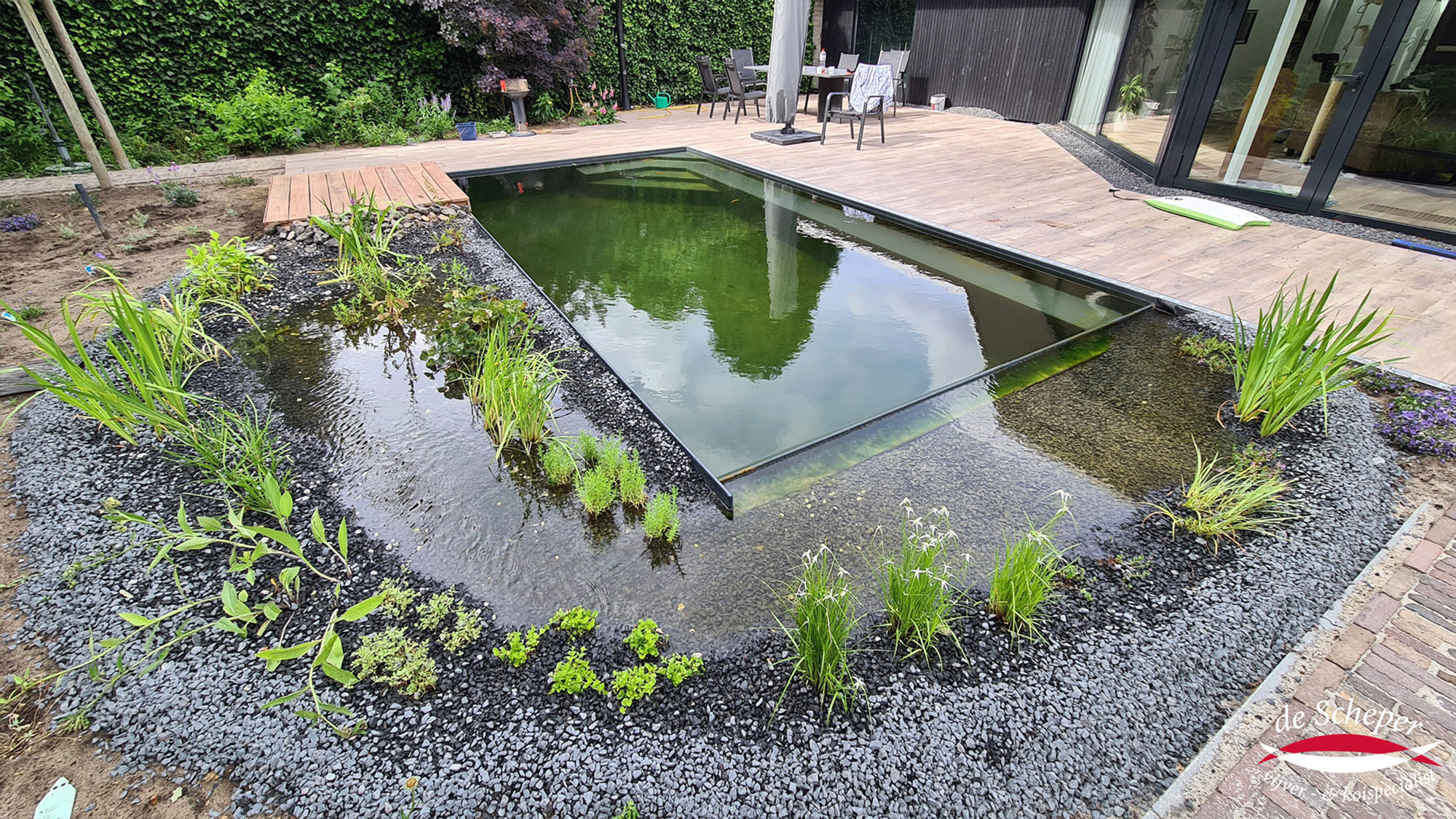 Plantenfilter aangelegd bij polyester zwemvijver