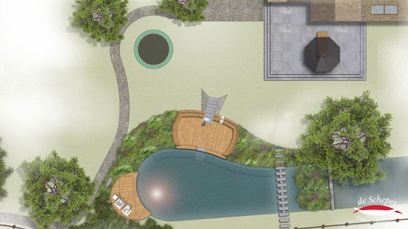 Detail van Maatwerk Prefab Bak Close-up van prefab maatwerk bak met ronde vormen en geïntegreerde zitbank.