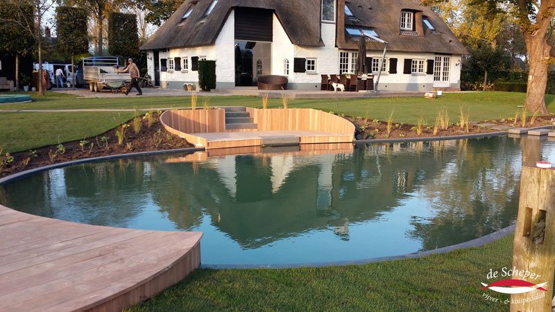 Organische Zwemvijvervormen Natuurlijke zwemvijver met unieke rondingen en vloeiende lijnen, speciaal ontworpen voor deze tuin.