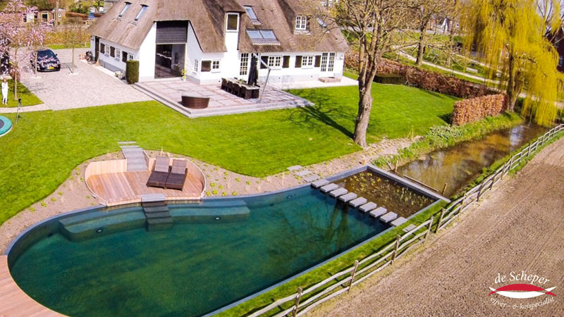 Overzicht van Sierlijke Zwemvijver Sierlijke natuurlijke zwemvijver in harmonieuze tuinomgeving met unieke organische vormen en maatwerk prefab bakken.